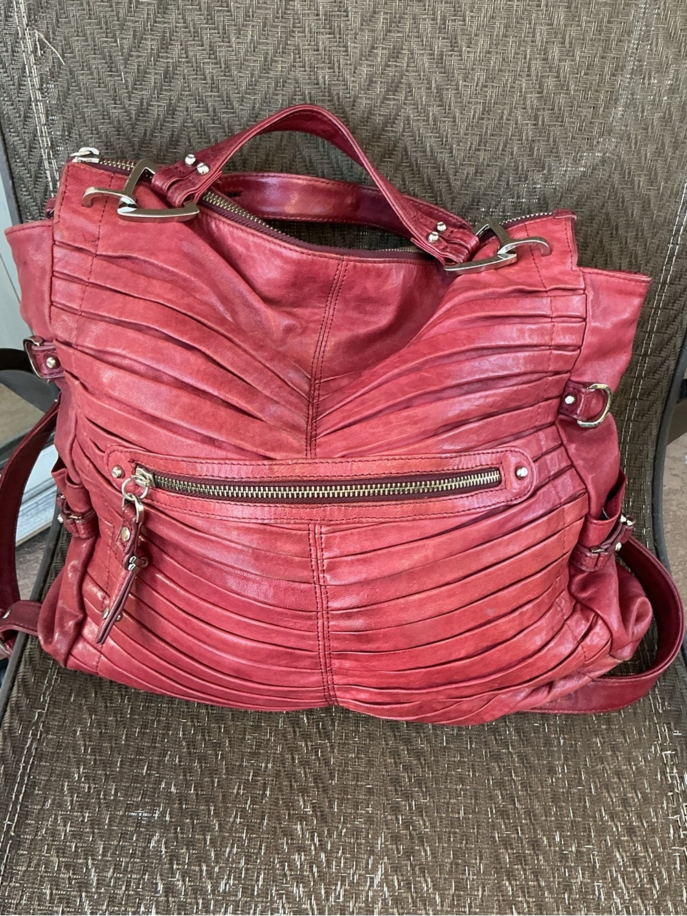 Junior Drake GAIL Burgundy Leather Pleated Satchel Crossbody Bag